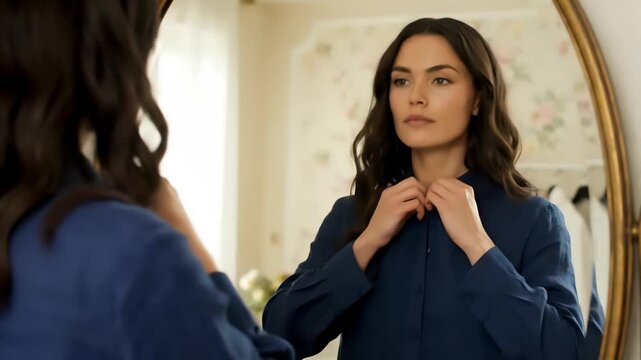 A woman with long brown hair, wearing a blue button-down shirt, buttons her shirt while looking in an oval mirror in a bedroom with floral wallpaper.