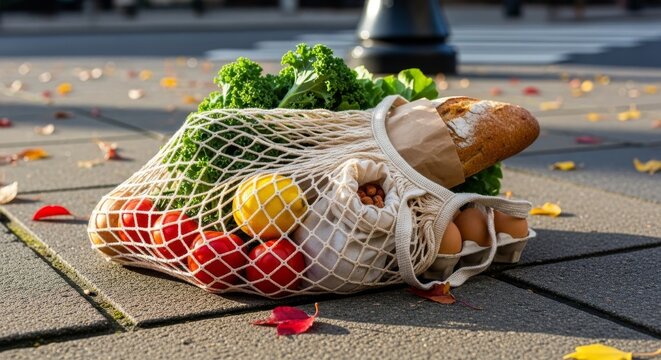 Sustainable Groceries - Mesh Bag with Fresh Produce Baguette on Sunny Pavement, Autumn Leaves.