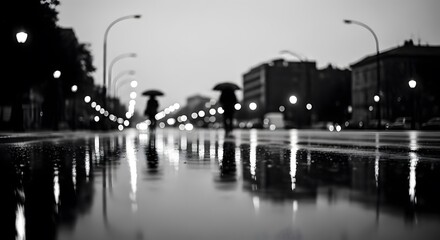 Fototapeta premium Blurred Rainy City Street Reflections with Silhouetted Figures Holding Umbrellas at Night