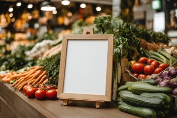 Blank sign in a bustling produce section