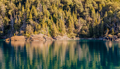 Fototapeta premium Sailing Lake Nahuel Huapi, Puerto Blest, Puerto Panuelo, Bariloche, Rio Negro Province, Argentina