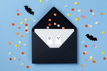 Halloween greeting card in black envelope with confetti