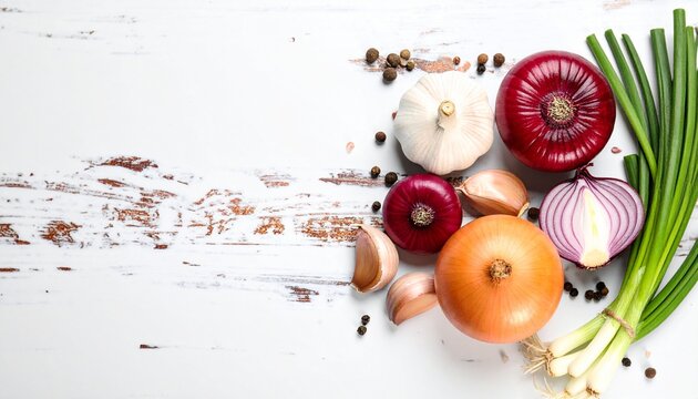 A vibrant assortment of fresh raw onions, garlic, shallots, and herbs arranged as a flat lay on a rustic white wooden background