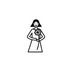 Black and white vector illustration of a beautiful woman holding a flower, minimal clean line art style