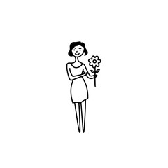 Black and white vector illustration of a beautiful woman holding a flower, minimal clean line art style