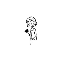 Black and white vector illustration of a beautiful woman holding a flower, minimal clean line art style