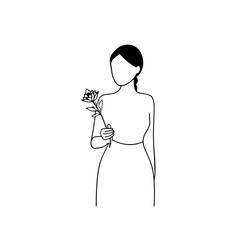Black and white vector illustration of a beautiful woman holding a flower, minimal clean line art style