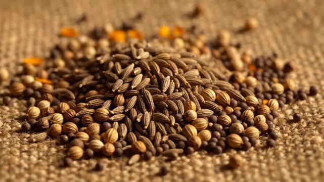 Aromatic indian masala culinary treasure of whole cumin and coriander seeds on rustic fabric for authentic flavors