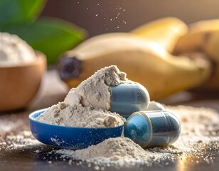 Powdered supplement with pills and bananas