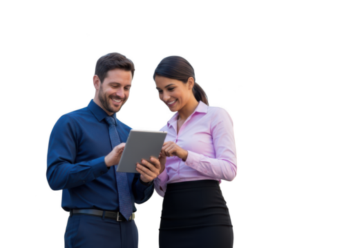 Smiling business colleagues collaborating on a tablet device isolated on transparent background
