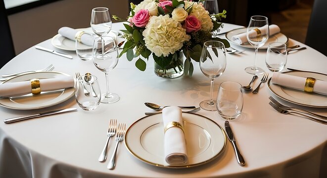 A beautifully set round table, with elegant white linens, delicate gold-rimmed plates, and rolled white napkins adorned with gold bands.