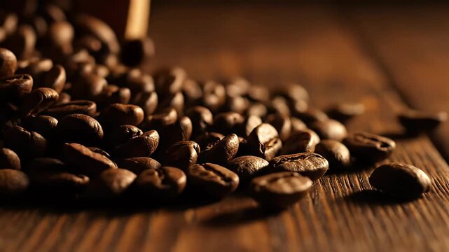 roasted coffee beans spilling on rustic wood