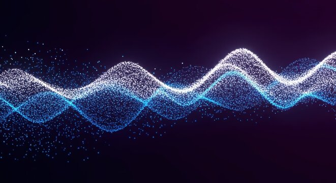 Two Wavy Lines of Glowing White and Blue Particles on Dark Background abstract light