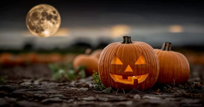 Glowing Carved Pumpkins in Patch at Night, Soft Moonlight, Cinematic Festive