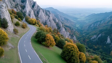Aerial View of Winding Road Through Mountainous Landscape with Autumnal Trees and Rocky Cliffs in Dramatic Cinematic Lighting