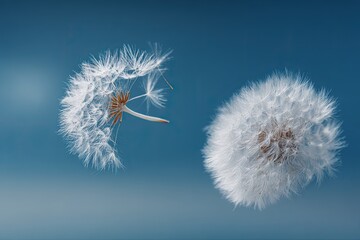 Two dandelion seeds, delicate and airy, against a gradient blue background