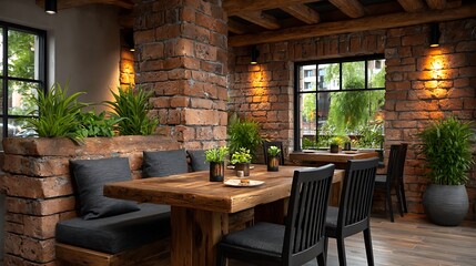 Fototapeta premium Cozy empty restaurant with brick accent walls, ambient lighting, wood floors, and contemporary dining furniture arranged neatly. ,