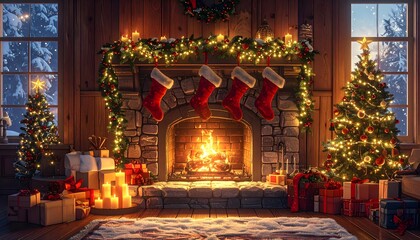 Cozy Christmas Eve Living Room Scene Fireplace with Stockings Decorated Tree Presents and Snowy Window View