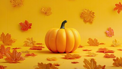 Autumnal pumpkin amidst fall leaves