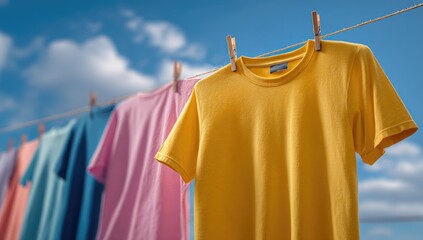 Colorful t-shirts drying on a clothesline under a partly cloudy sky