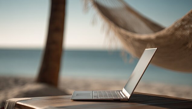 Laptop on beach, hammock background