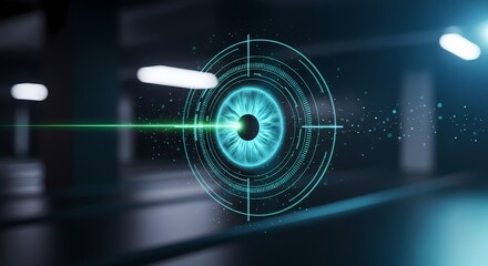 Futuristic eye scan with laser beam and digital interface technology