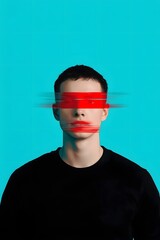 Creative portrait of a young man with glitch effect and red blue neon lighting on a turquoise background, conceptual futuristic style with modern visual aesthetics