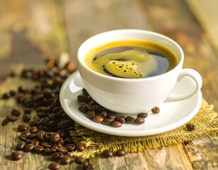 White coffee cup filled with dark coffee, frothy top, surrounded by coffee beans on a rustic wooden table