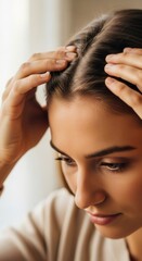 Woman checking her hair growth and hair loss. Hair care concern and problem concept. Female inspecting her scalp.