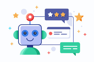 Vector flat illustration showing a man giving a star rating to an AI chatbot on a digital interface. Perfect for concepts related to customer feedback, online reviews, chatbot interaction, user satisf