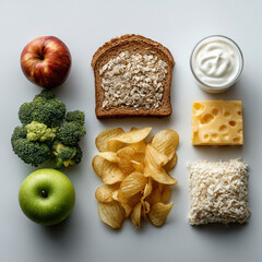 A flat lay of three groups of foods on a bright white background