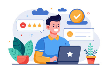 Vector flat illustration showing a man giving a star rating to an AI chatbot on a digital interface. Perfect for concepts related to customer feedback, online reviews, chatbot interaction, user satisf