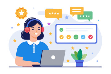 Vector flat illustration showing a man giving a star rating to an AI chatbot on a digital interface. Perfect for concepts related to customer feedback, online reviews, chatbot interaction, user satisf