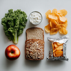 A flat lay of three groups of foods on a bright white background