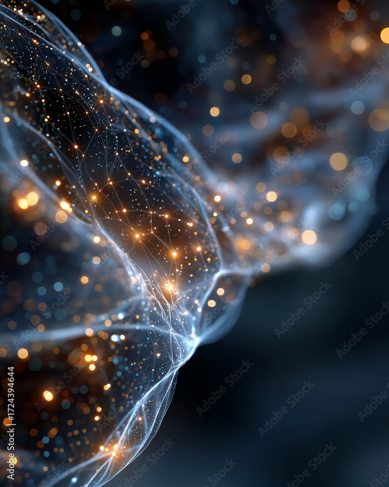 Poster digital stream: a vibrant, ethereal swirl of glowing lights, representing data streams and intricate