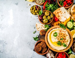 Assorted Mediterranean mezze platter on a light grey background