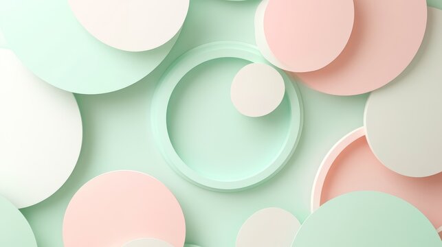 36.A calming abstract background made of smooth geometric shapes in shades of mint green, pastel pink, and white. The arrangement of various shapes creates a clean and modern aesthetic, with an open