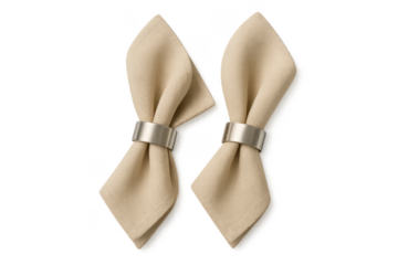 Two beige cloth napkins with silver rings