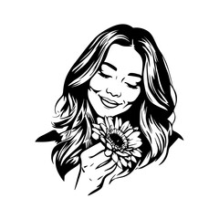 Black and white vector illustration of a beautiful woman holding a flower, minimal clean line art style
