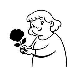 Black and white vector illustration of a beautiful woman holding a flower, minimal clean line art style
