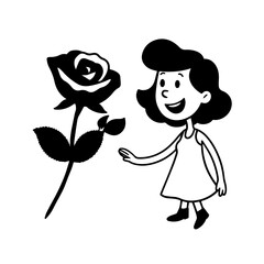 Black and white vector illustration of a beautiful woman holding a flower, minimal clean line art style
