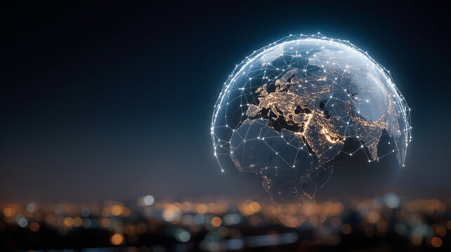 Global Network: A visionary image of a digital globe overlaid with intricate networks, symbolizing worldwide connections, technological advancements, and the modern digital age. 