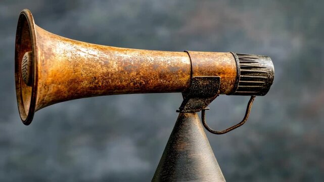 Vintage rusted megaphone, a symbol of communication and protest, close-up.