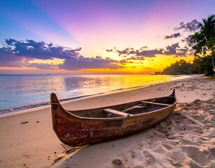 Tropical sunset beach scene with canoe