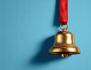 Gold bell with red ribbon on blue background (2)
