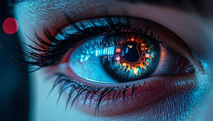 Cybernetic Human Eye with Digital Data Reflections, AI Vision and Futuristic Technology Concept