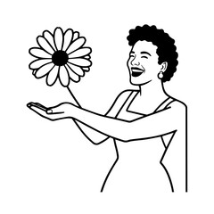 Black and white vector illustration of a beautiful woman holding a flower, minimal clean line art style
