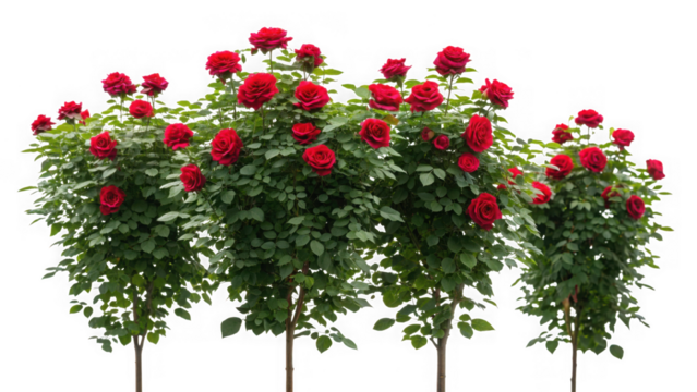 Several rose bushes with red flowers isolated on transparent background