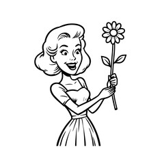 Black and white vector illustration of a beautiful woman holding a flower, minimal clean line art style
