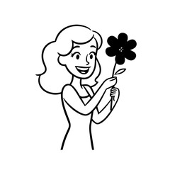 Black and white vector illustration of a beautiful woman holding a flower, minimal clean line art style
